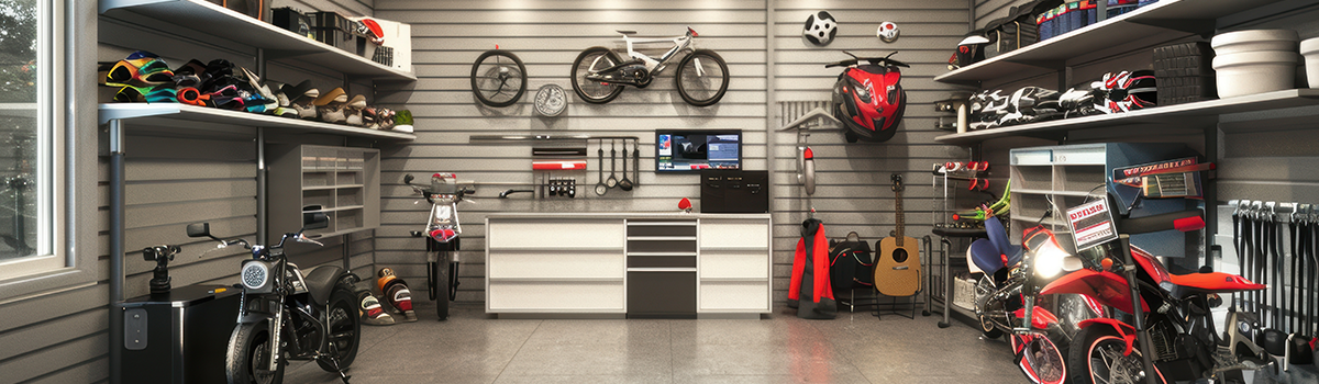 cabinets and a slat-wall storage solution